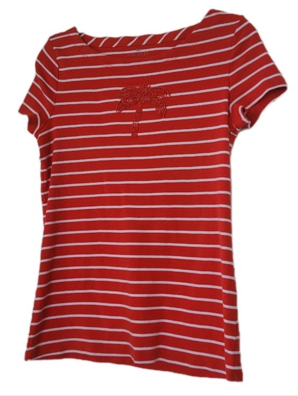 Talbots Striped Short Sleece 100% Pima Cotton Beaded Palm Tree Size M Red *Flaw
